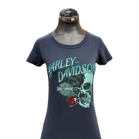 Women's H-D Navy Frenzy Skull Short Sleeve