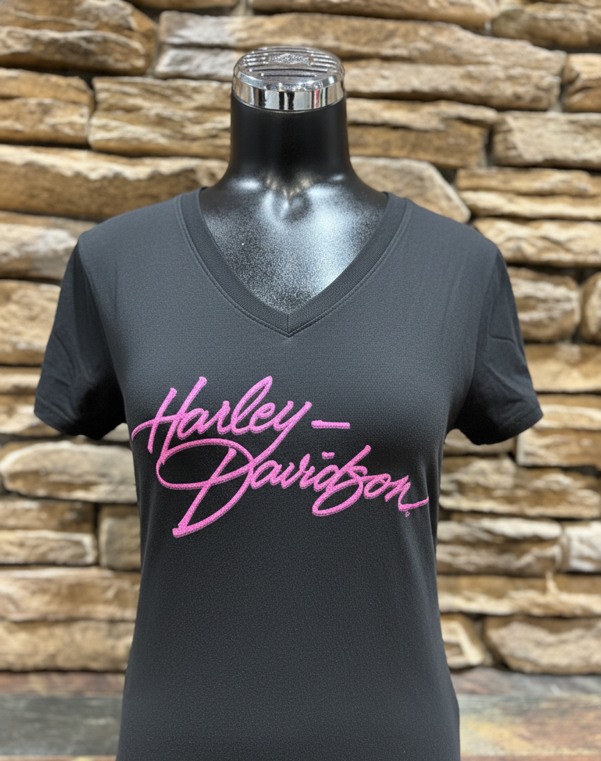 Women's H-D Pink Script V-Neck